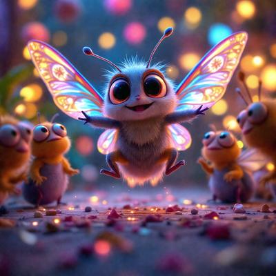 The primary subject of the image is a small, cute, and colorful butterfly. The butterfly is flying in the air, surrounded by a group of other butterflies. The setting appears to be a nighttime scene with a purple background, giving the image a whimsical and magical atmosphere. The visual style is a combination of photo and digital art, creating a vibrant and lively scene. The colors and mood of the image are predominantly purple, with the butterf